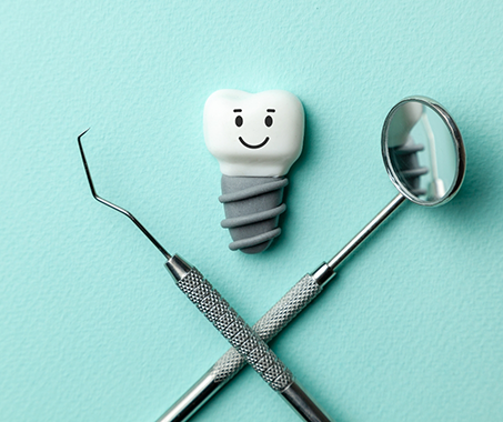 Illustration of a smiling dental implant next to dental instruments