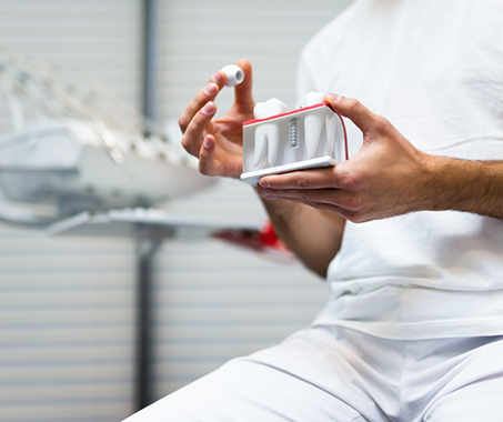Dentist showing a dental implant model to a patient