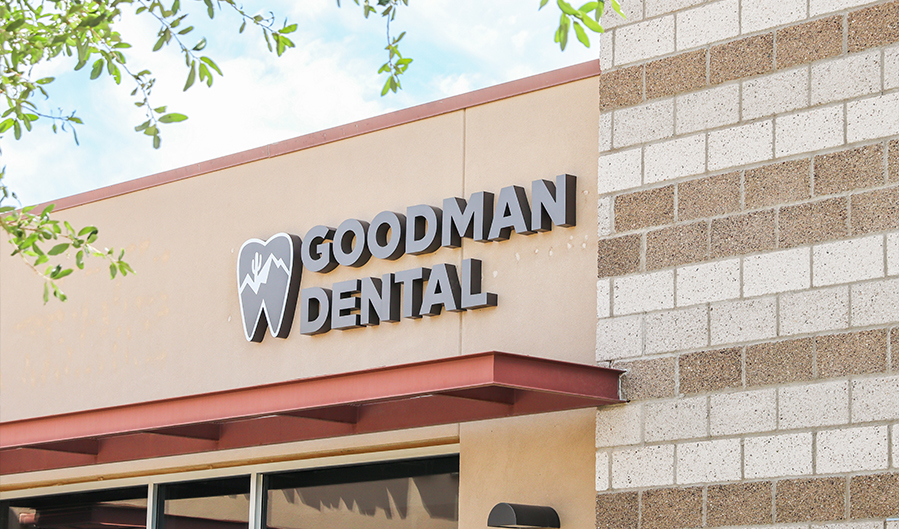 Goodman Dental sign on the outside of the dental office