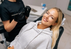 Blonde woman grinning in the dental chair